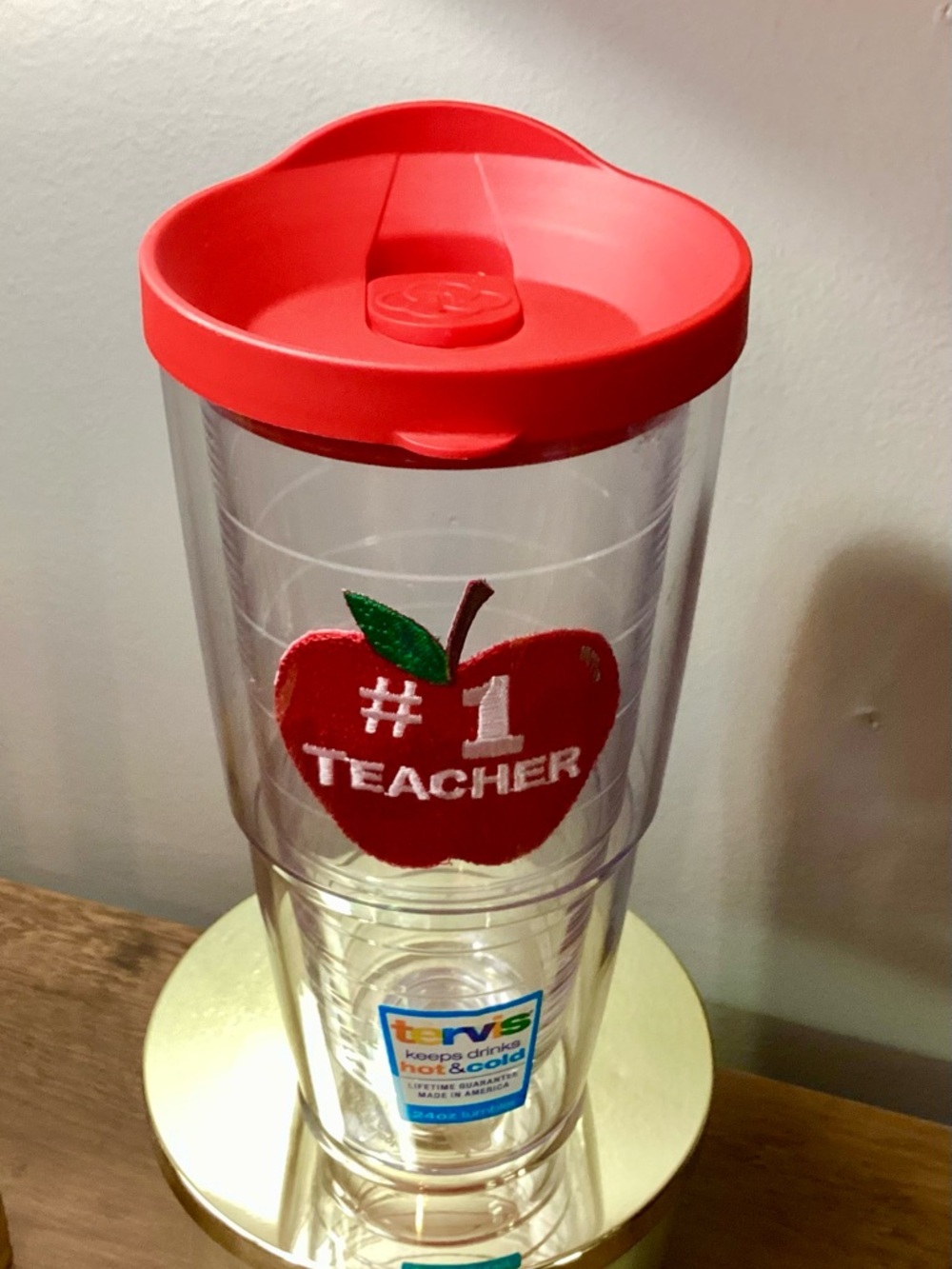 tervis Clear Tumbler with Red Lid and Apple Patch